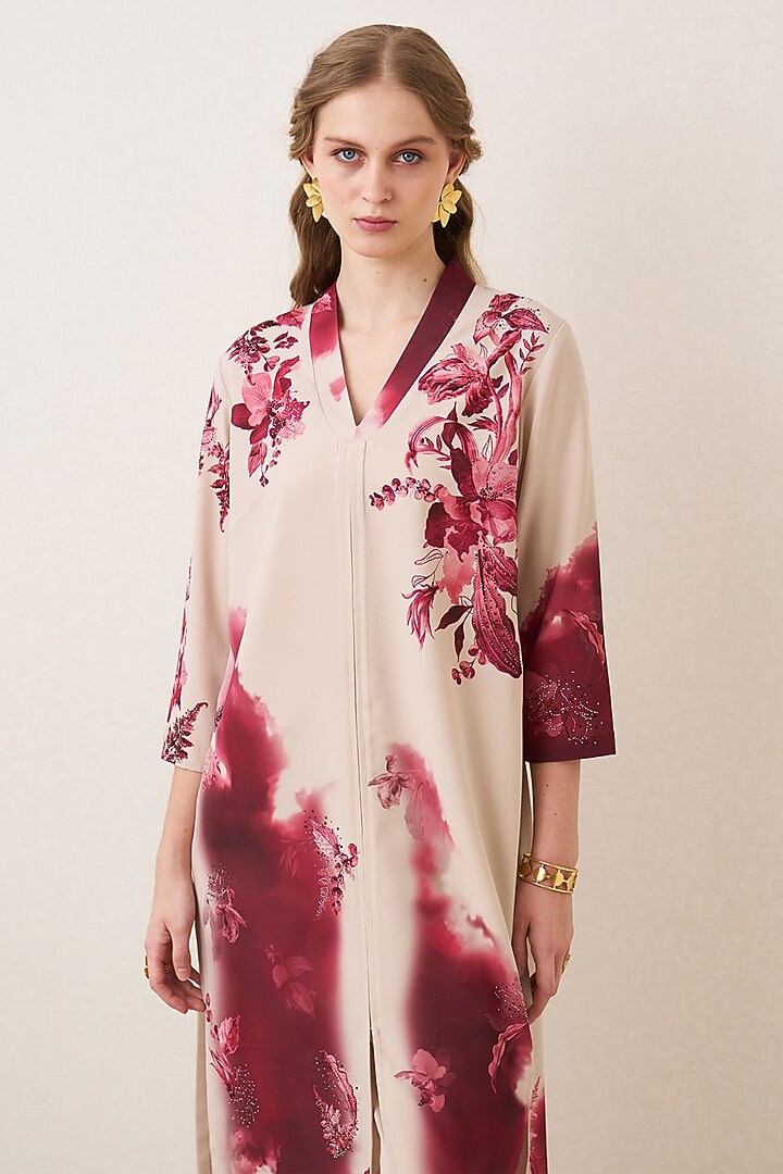 Red & Beige Poly Crepe Floral Printed Tunic Set by Ranna Gill at Pernia's Pop Up Shop