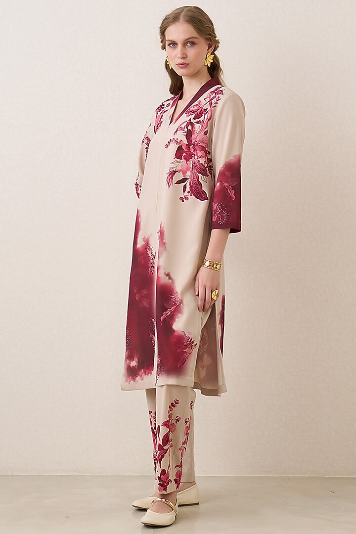 Red & Beige Poly Crepe Floral Printed Tunic Set by Ranna Gill at Pernia's Pop Up Shop