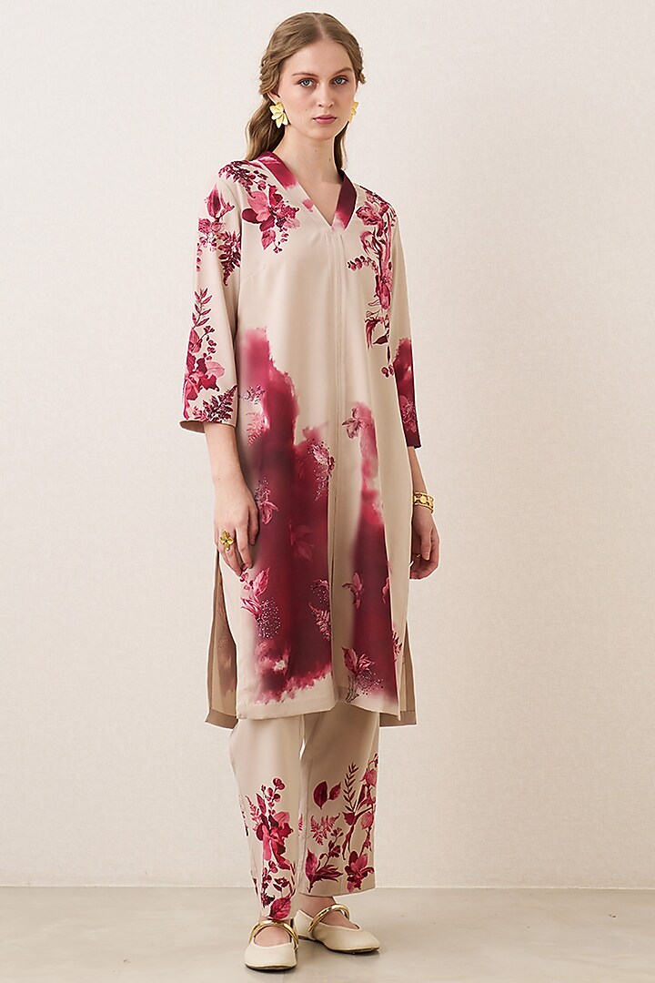 Red & Beige Poly Crepe Floral Printed Tunic Set by Ranna Gill at Pernia's Pop Up Shop