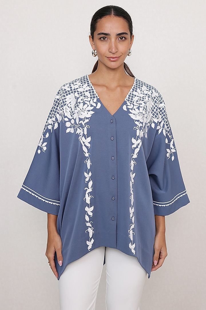 Blue Georgette Floral Printed Shirt by Ranna Gill at Pernia's Pop Up Shop