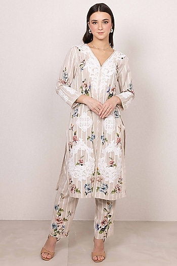 Beige Linen Floral Printed Tunic Set by Ranna Gill at Pernia's Pop Up Shop