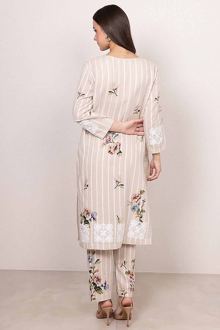 Beige Linen Floral Printed Tunic Set by Ranna Gill at Pernia's Pop Up Shop