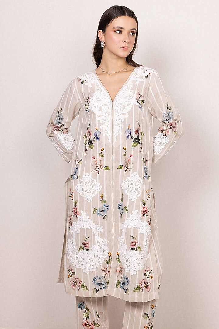Beige Linen Floral Printed Tunic Set by Ranna Gill at Pernia's Pop Up Shop