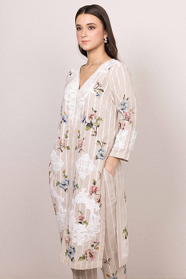Beige Linen Floral Printed Tunic Set by Ranna Gill at Pernia's Pop Up Shop