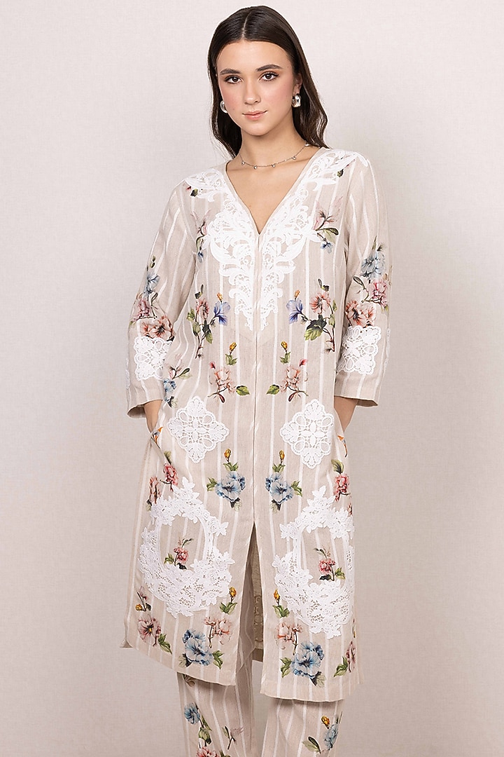 Beige Linen Floral Printed Tunic Set by Ranna Gill at Pernia's Pop Up Shop