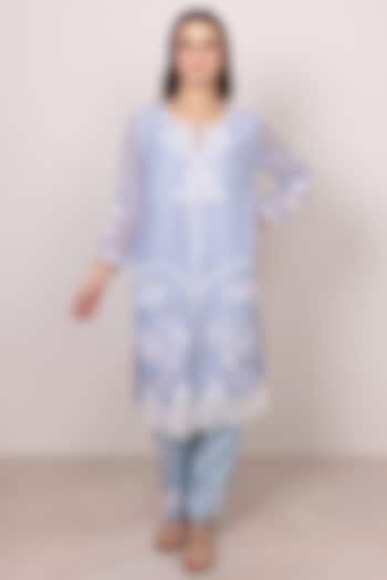 Powder Blue Linen Floral Embroidered Tunic Set by Ranna Gill at Pernia's Pop Up Shop