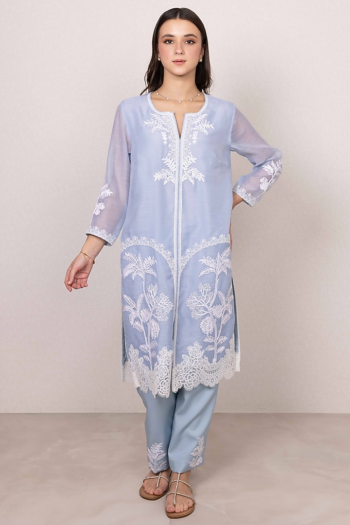 Powder Blue Linen Floral Embroidered Tunic Set by Ranna Gill at Pernia's Pop Up Shop