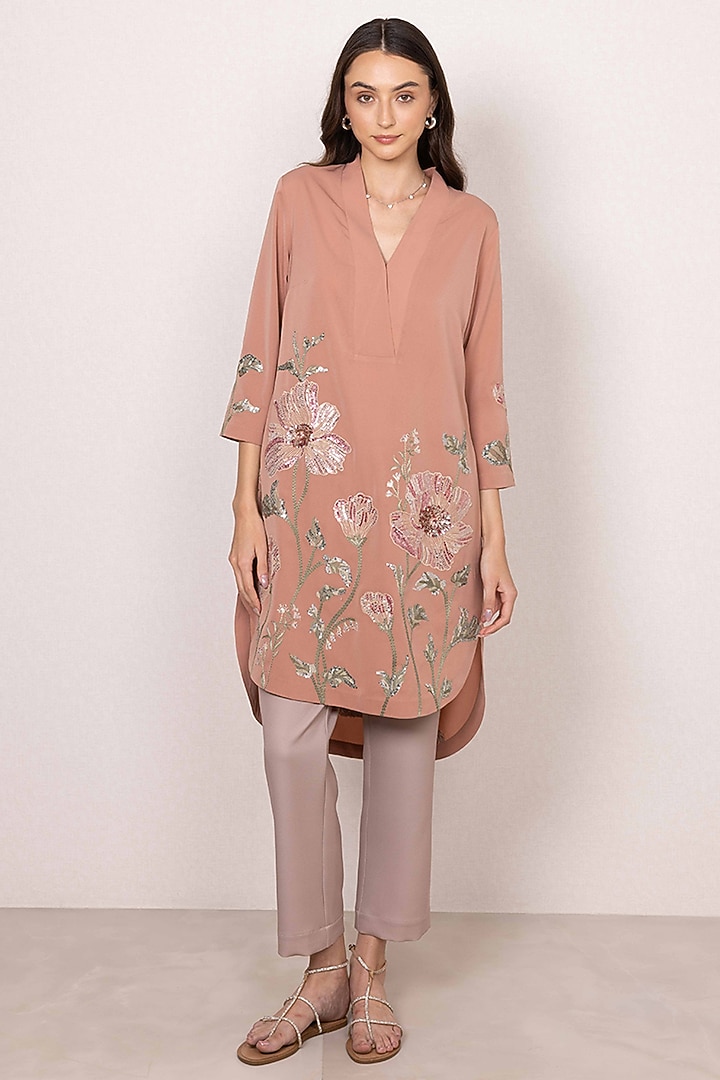 Peach Crepe Floral Printed Tunic by Ranna Gill at Pernia's Pop Up Shop