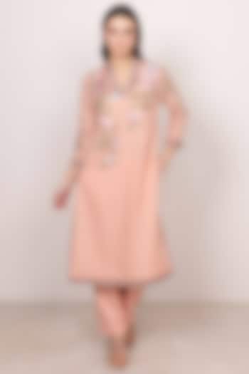 Peach Linen Floral Thread Embroidered Tunic Set by Ranna Gill at Pernia's Pop Up Shop