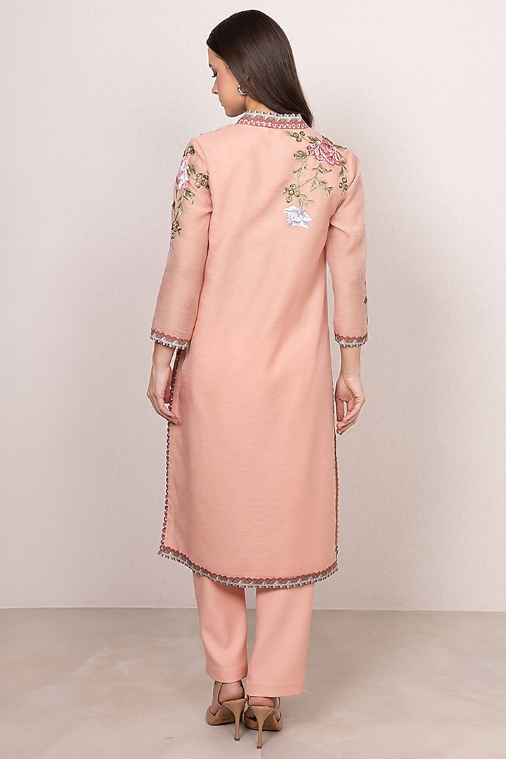 Peach Linen Floral Thread Embroidered Tunic Set by Ranna Gill at Pernia's Pop Up Shop
