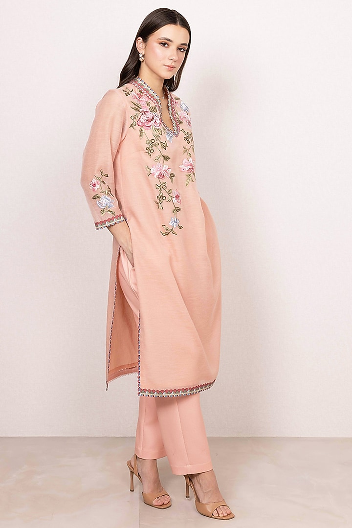 Peach Linen Floral Thread Embroidered Tunic Set by Ranna Gill at Pernia's Pop Up Shop