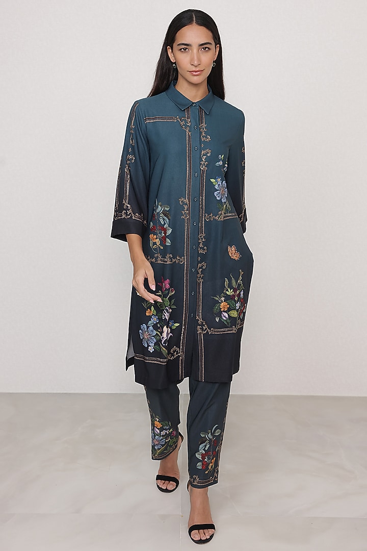 Teal Poly Crinkle Floral Printed Tunic Set by Ranna Gill at Pernia's Pop Up Shop