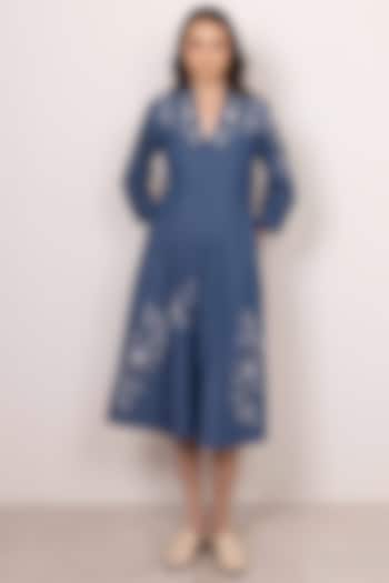 Blue Denim Embroidered Panel Midi Vacation Dress by Ranna Gill at Pernia's Pop Up Shop