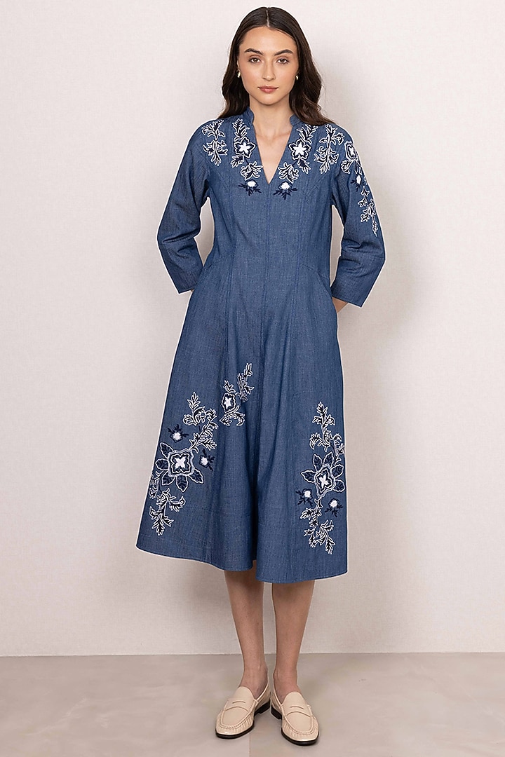 Blue Denim Embroidered Panel Midi Vacation Dress by Ranna Gill at Pernia's Pop Up Shop