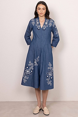 Blue Denim Embroidered Panel Midi Dress by Ranna Gill