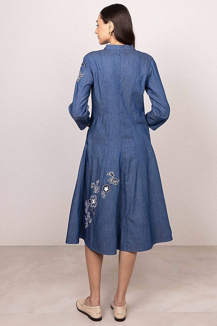 Blue Denim Embroidered Panel Midi Vacation Dress by Ranna Gill at Pernia's Pop Up Shop