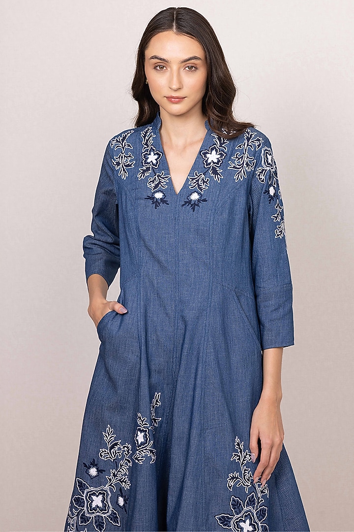 Blue Denim Embroidered Panel Midi Vacation Dress by Ranna Gill at Pernia's Pop Up Shop