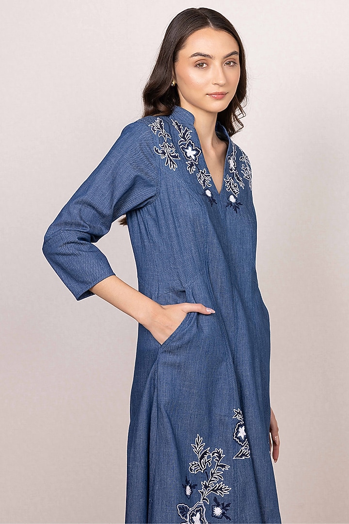 Blue Denim Embroidered Panel Midi Vacation Dress by Ranna Gill at Pernia's Pop Up Shop