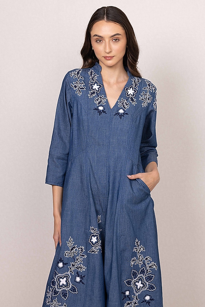 Blue Denim Embroidered Panel Midi Vacation Dress by Ranna Gill at Pernia's Pop Up Shop