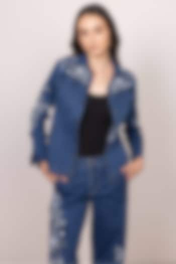 Blue Denim Floral Embroidered Panel Jacket by Ranna Gill at Pernia's Pop Up Shop