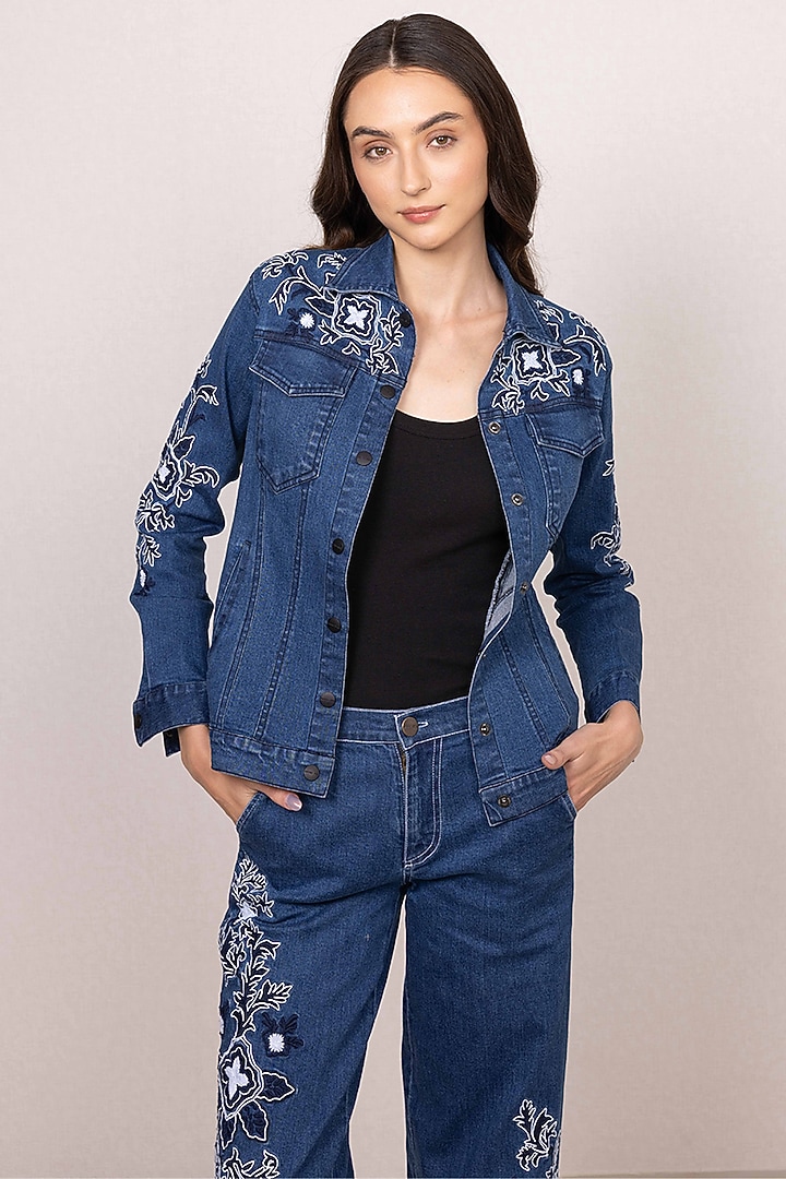 Blue Denim Floral Embroidered Panel Jacket by Ranna Gill at Pernia's Pop Up Shop