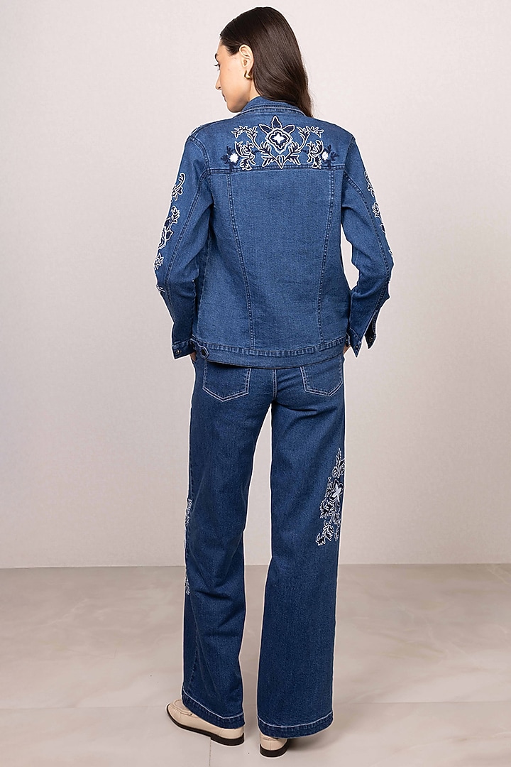 Blue Denim Floral Embroidered Panel Jacket by Ranna Gill at Pernia's Pop Up Shop