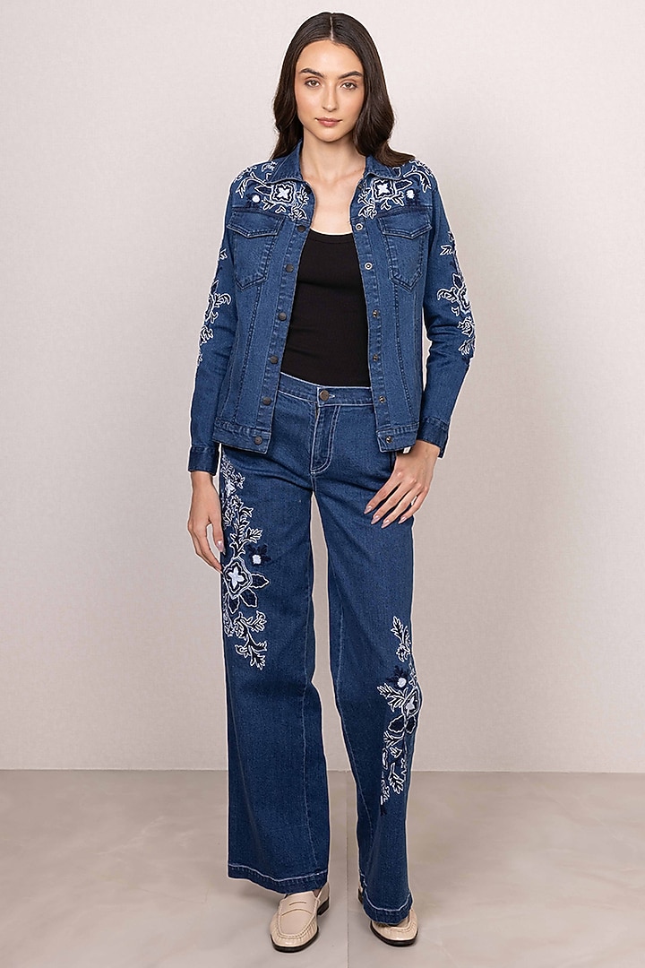 Blue Denim Floral Embroidered Panel Jacket by Ranna Gill at Pernia's Pop Up Shop