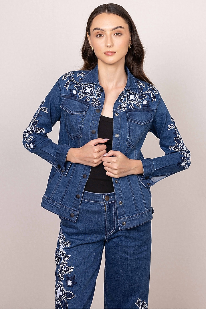 Blue Denim Floral Embroidered Panel Jacket by Ranna Gill at Pernia's Pop Up Shop