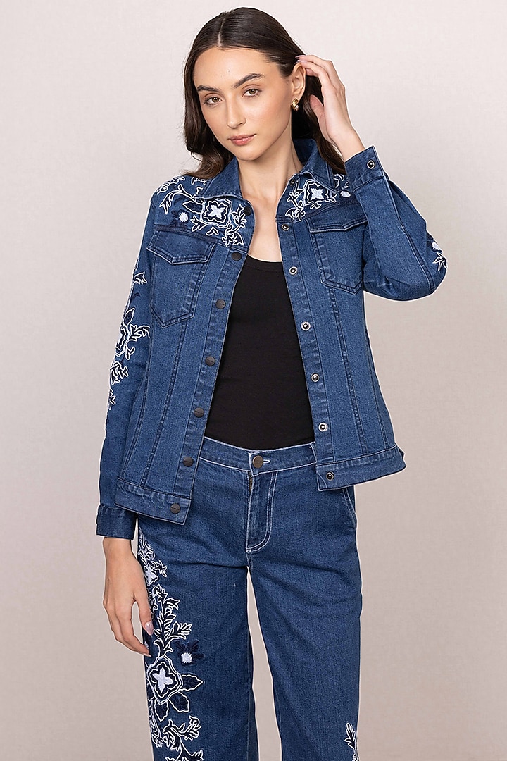 Blue Denim Floral Embroidered Panel Jacket by Ranna Gill at Pernia's Pop Up Shop