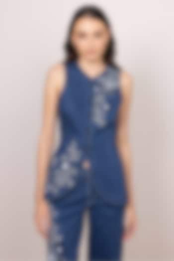 Blue Denim Floral Embroidered Structured Waistcoat by Ranna Gill at Pernia's Pop Up Shop
