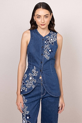 Blue Denim Floral Embroidered Structured Waistcoat by Ranna Gill