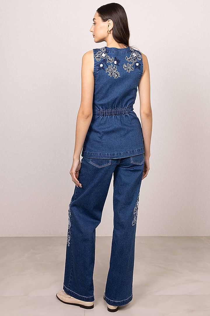 Blue Denim Floral Embroidered Structured Waistcoat by Ranna Gill at Pernia's Pop Up Shop