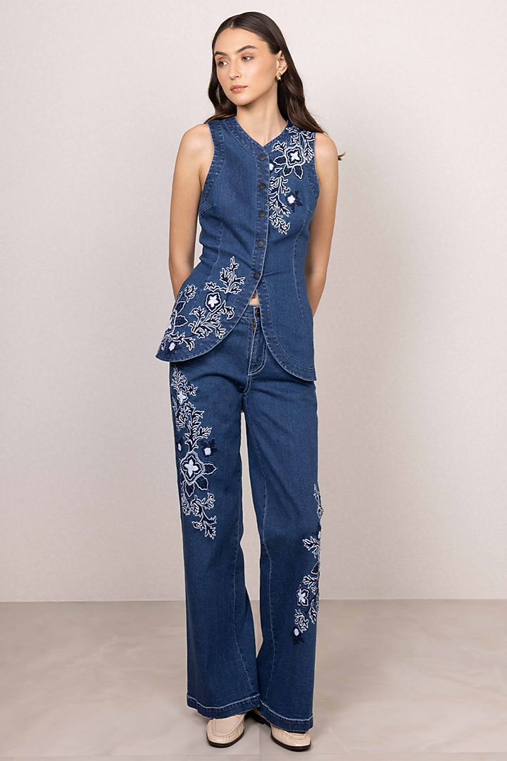 Blue Denim Floral Embroidered Structured Waistcoat by Ranna Gill at Pernia's Pop Up Shop