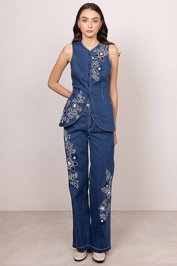Blue Denim Floral Embroidered Structured Waistcoat by Ranna Gill at Pernia's Pop Up Shop