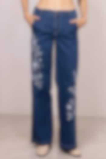 Blue Denim Floral Embroidered Wide-Leg Pants by Ranna Gill at Pernia's Pop Up Shop