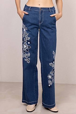 Blue Denim Floral Embroidered Wide-Leg Pants by Ranna Gill