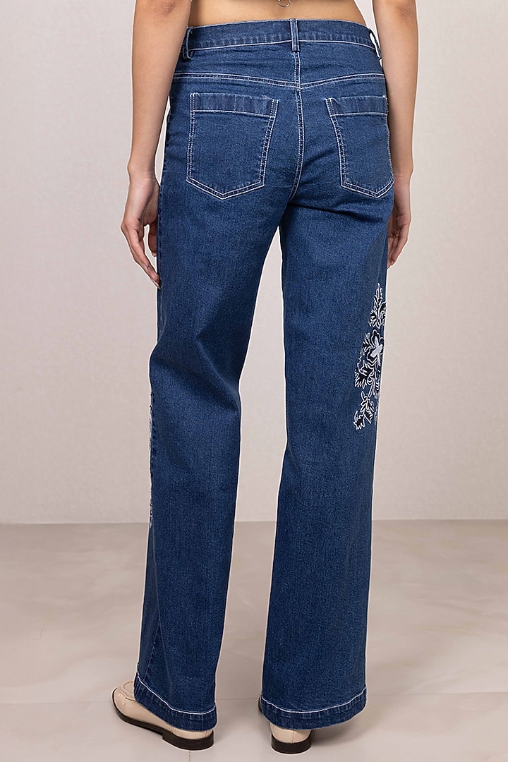 Blue Denim Floral Embroidered Wide-Leg Pants by Ranna Gill at Pernia's Pop Up Shop