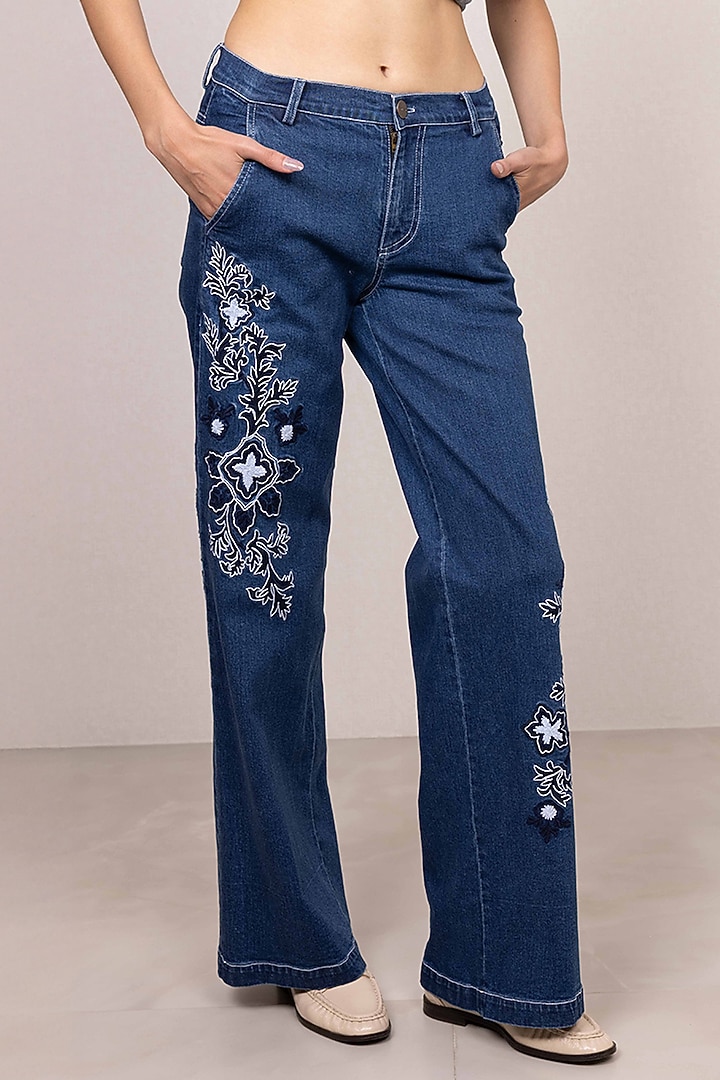 Blue Denim Floral Embroidered Wide-Leg Pants by Ranna Gill at Pernia's Pop Up Shop