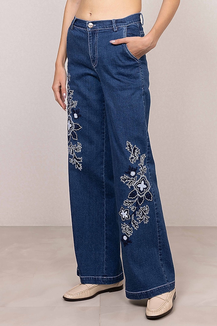 Blue Denim Floral Embroidered Wide-Leg Pants by Ranna Gill at Pernia's Pop Up Shop
