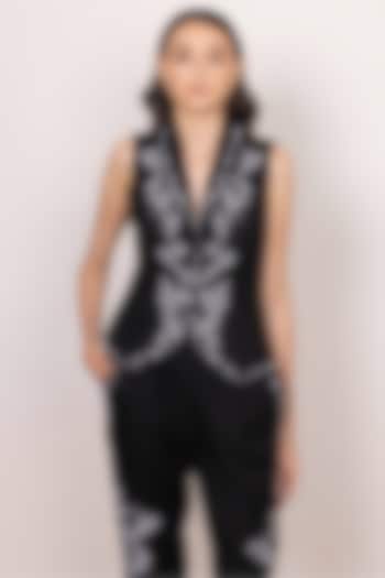 Black Poly Flex Embroidered Waistcoat by Ranna Gill at Pernia's Pop Up Shop