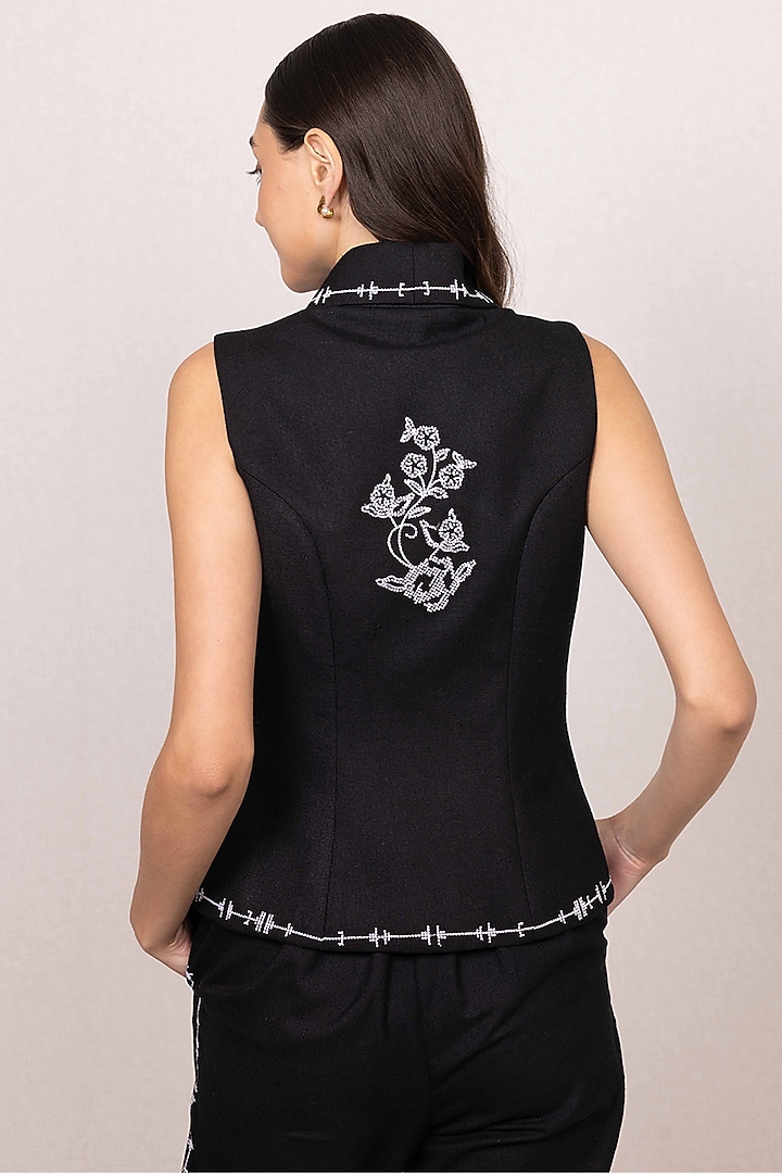 Black Poly Flex Embroidered Waistcoat by Ranna Gill at Pernia's Pop Up Shop