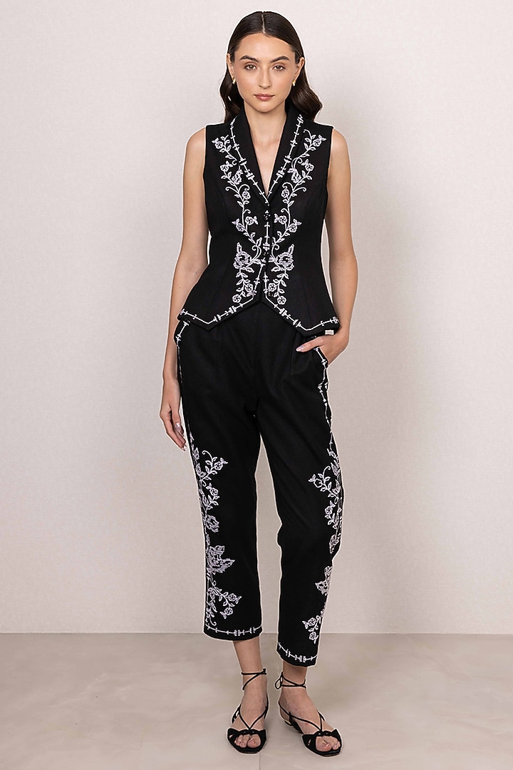 Black Poly Flex Embroidered Waistcoat by Ranna Gill at Pernia's Pop Up Shop