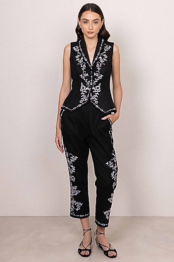 Black Poly Flex Embroidered Pants by Ranna Gill at Pernia's Pop Up Shop