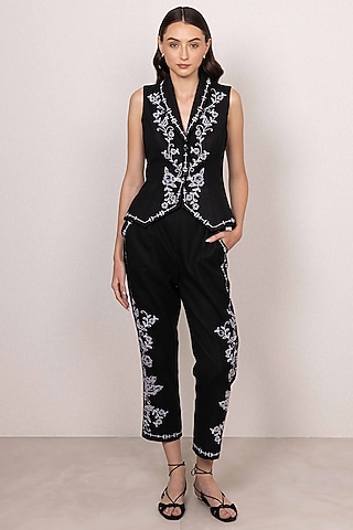 Black Poly Flex Embroidered Pants by Ranna Gill