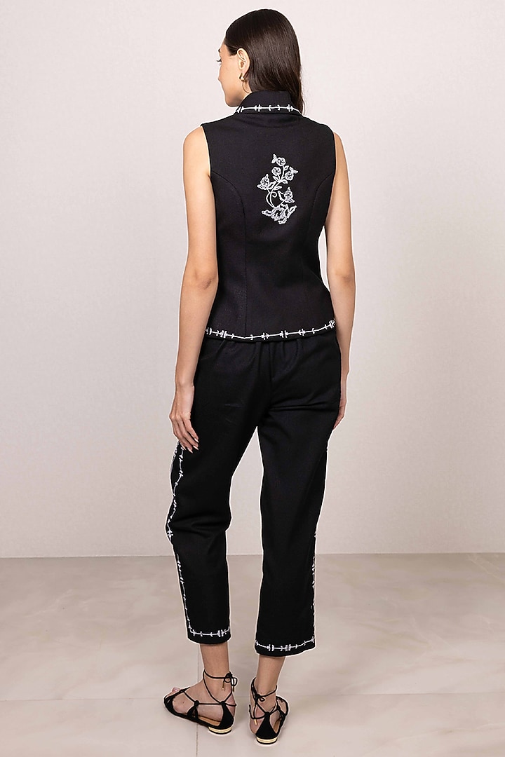 Black Poly Flex Embroidered Pants by Ranna Gill at Pernia's Pop Up Shop