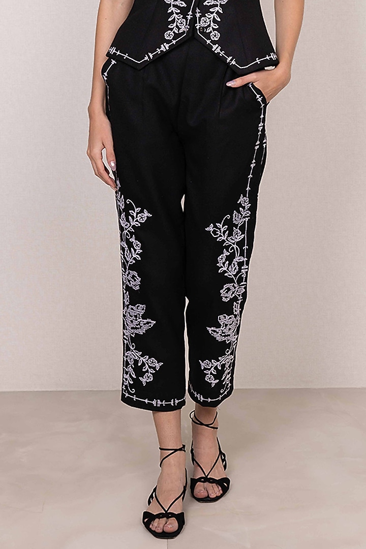 Black Poly Flex Embroidered Pants by Ranna Gill at Pernia's Pop Up Shop
