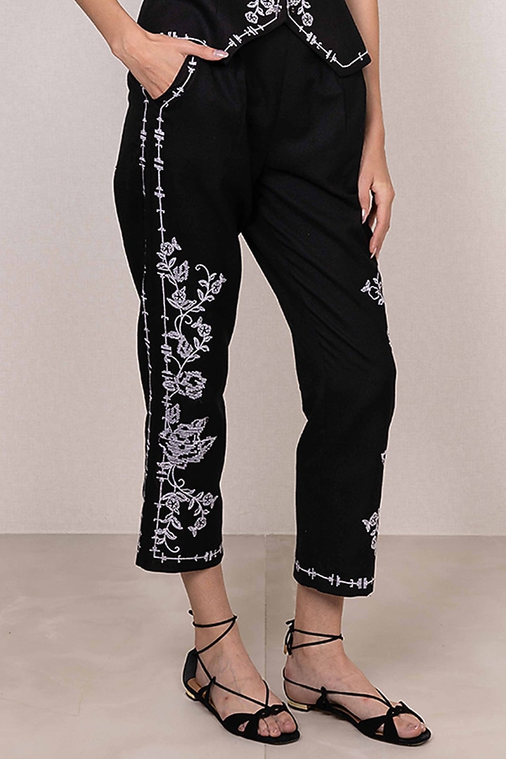 Black Poly Flex Embroidered Pants by Ranna Gill at Pernia's Pop Up Shop