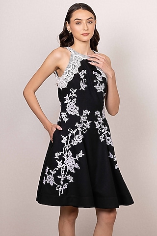 Black Poly Flex Floral Embroidered Halter Mini Dress by Ranna Gill
