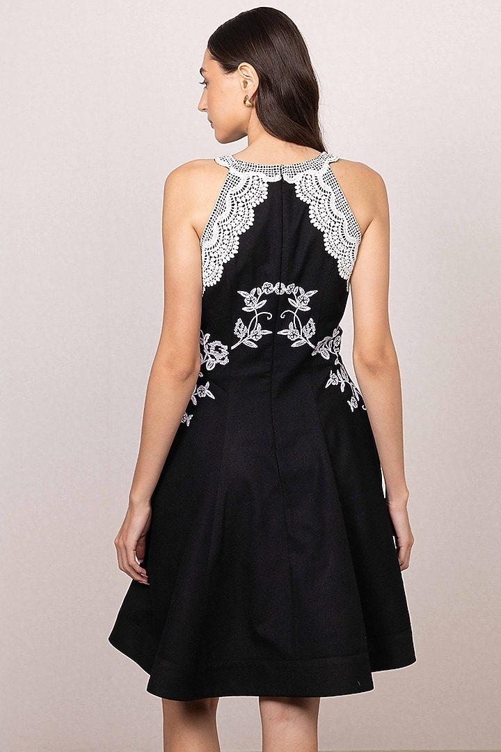 Black Poly Flex Floral Embroidered Halter Mini Vacation Dress by Ranna Gill at Pernia's Pop Up Shop