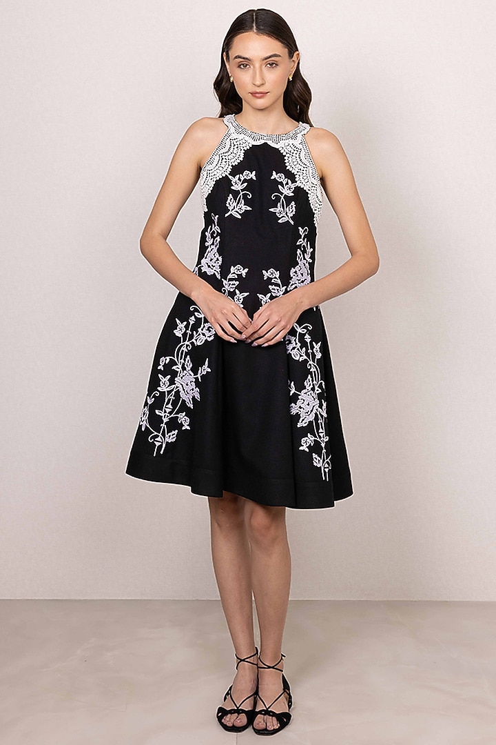 Black Poly Flex Floral Embroidered Halter Mini Vacation Dress by Ranna Gill at Pernia's Pop Up Shop